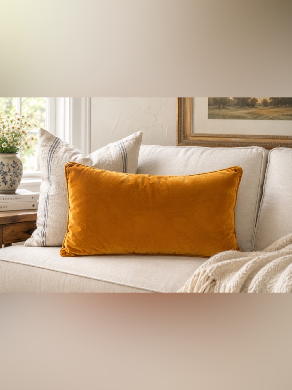 Mustard Gold Velvet Lumbar Pillow Cover 24x15 Boho Modern Accent Cushion